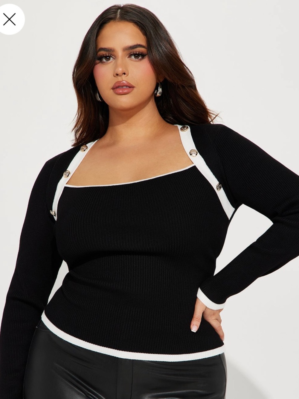 Black Knit Square Neck Top with White Trim and Button Strap Detail